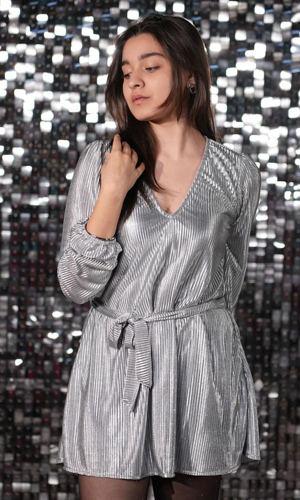 Metallic Silver Pleated Shimmer Dress with Belt
