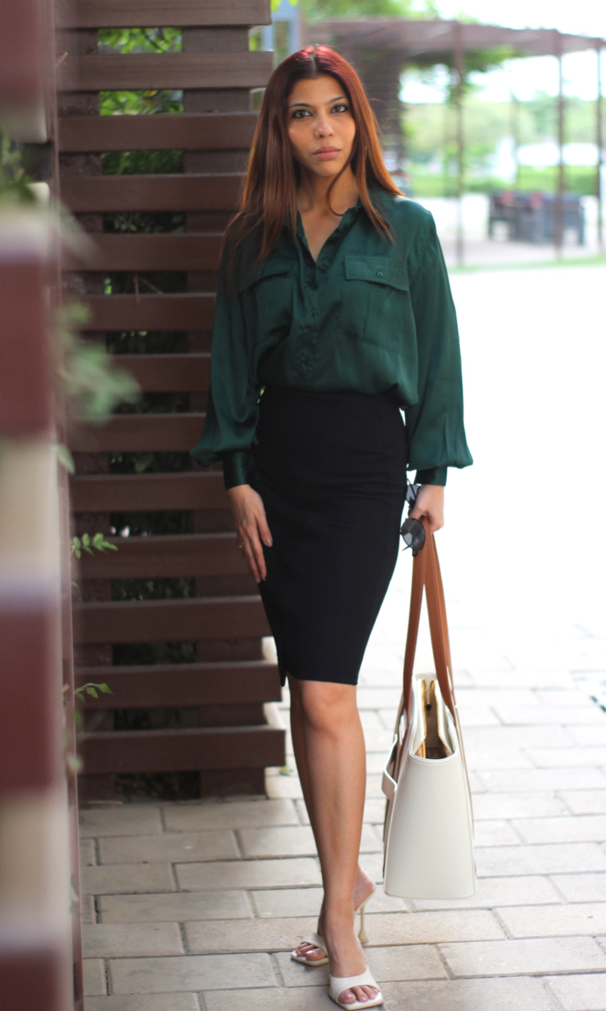 Deep Green Balloon Sleeved Satin Shirt