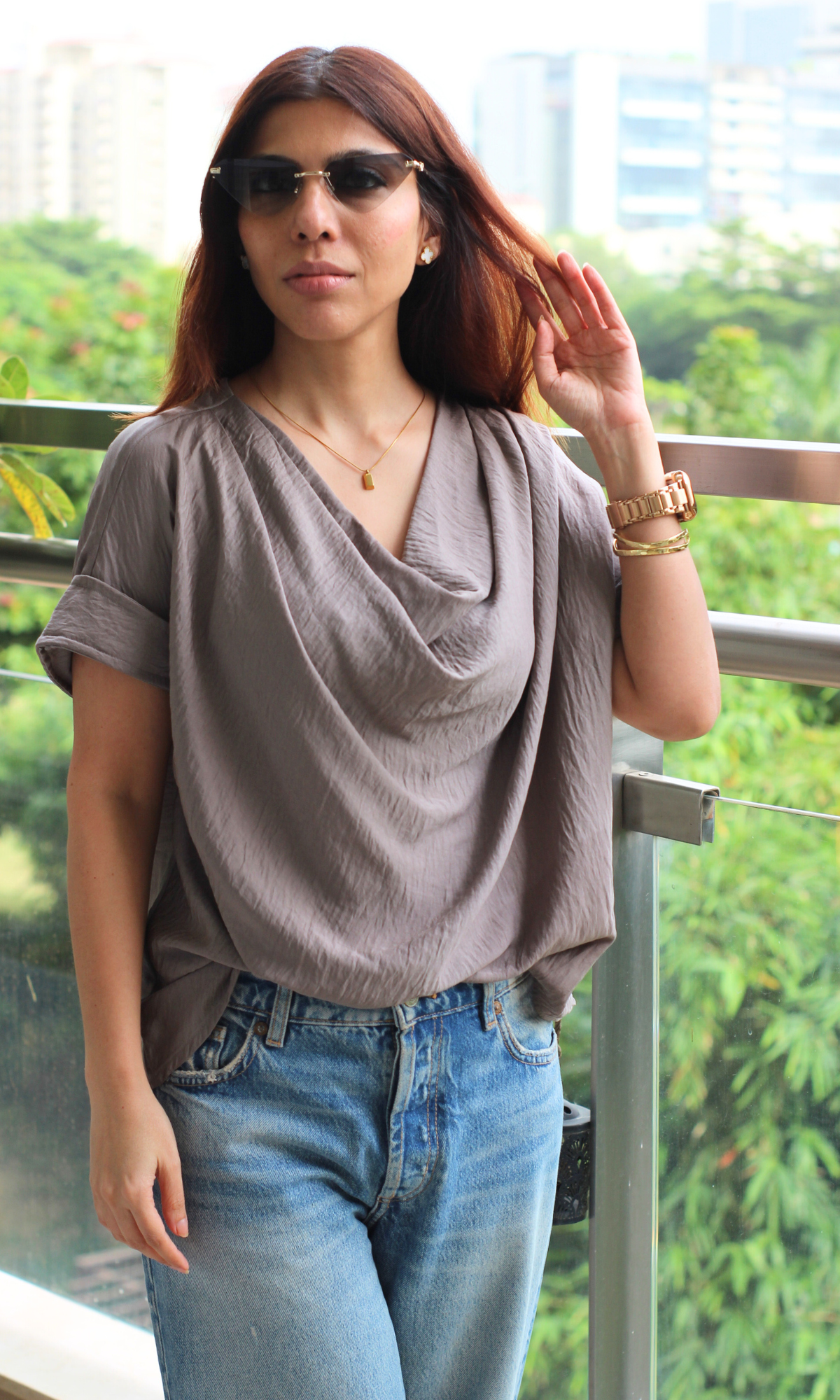 Stone Taupe Cowl Neck Top