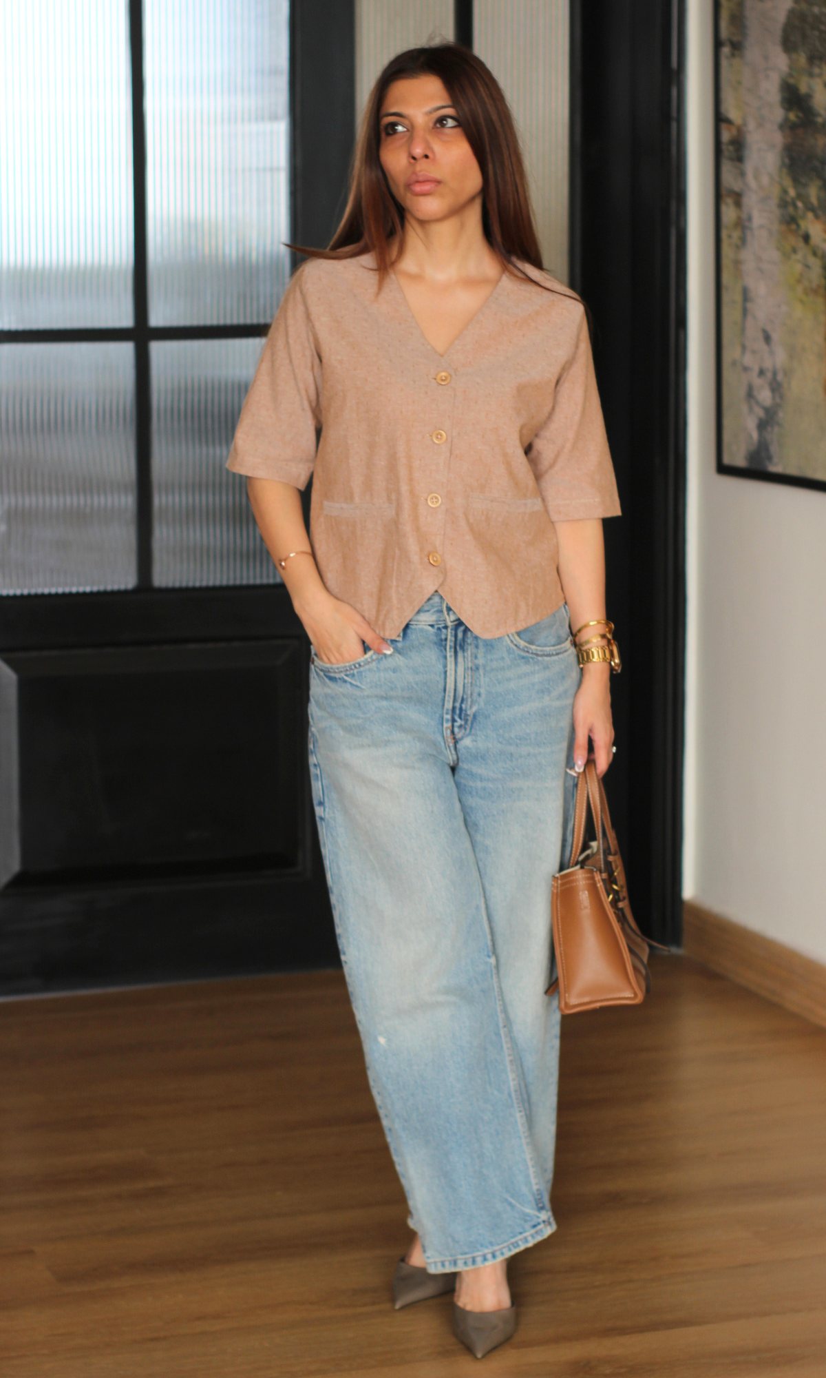 Elegant brown dobby sleeved waistcoat for women — classic workwear look