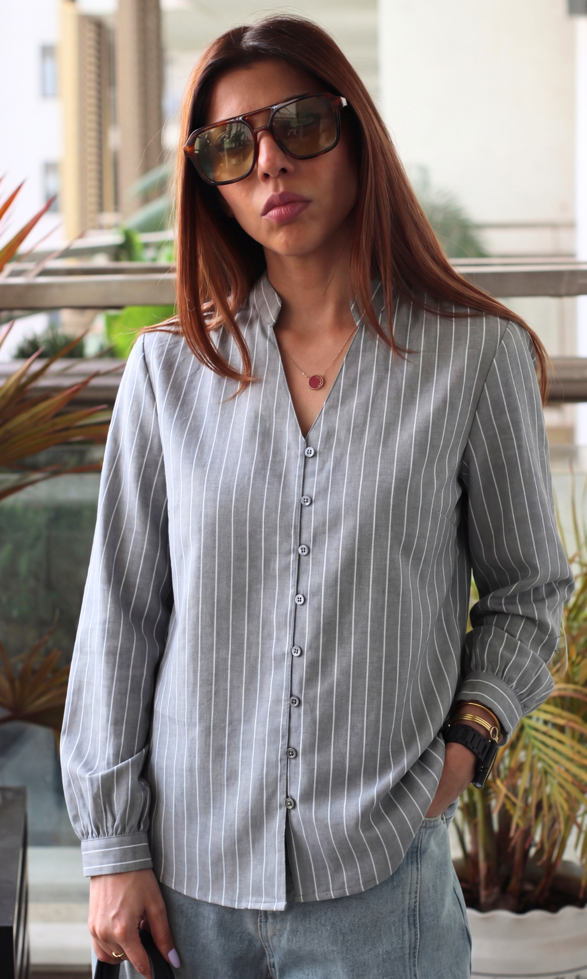 Grey Linear Buttoned Top