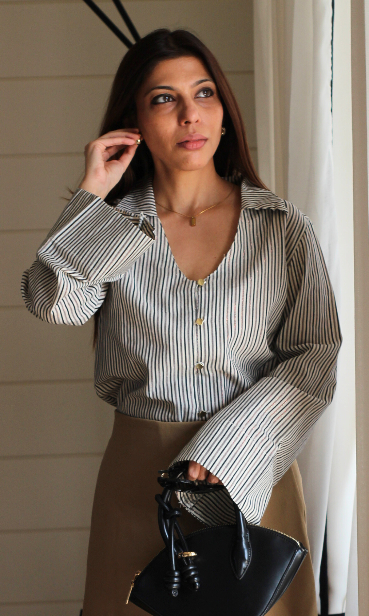 Spring Lurex Flared Sleeve Shirt