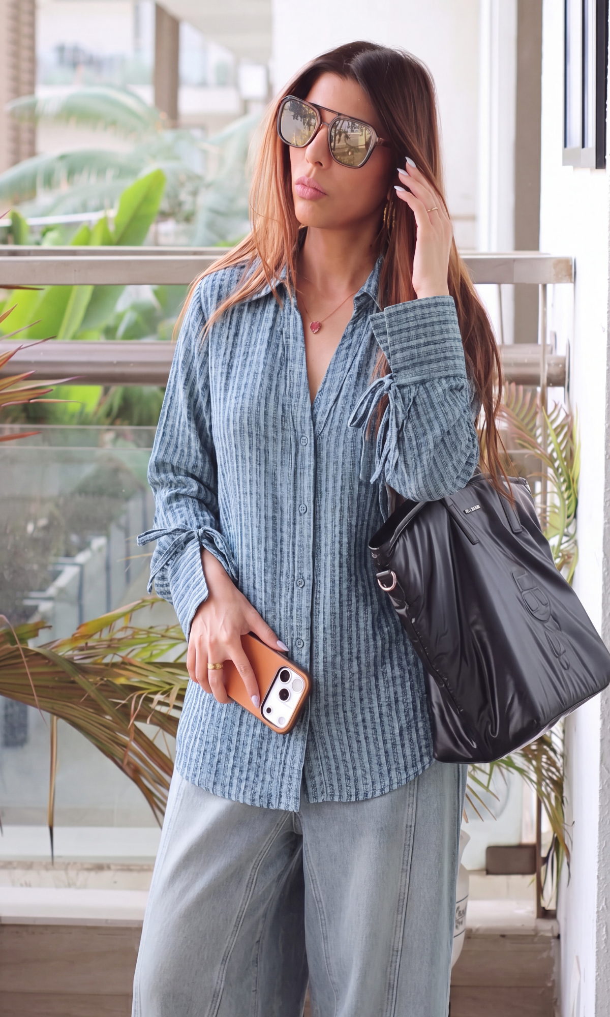Blue Textured Tie-Cuff Shirt