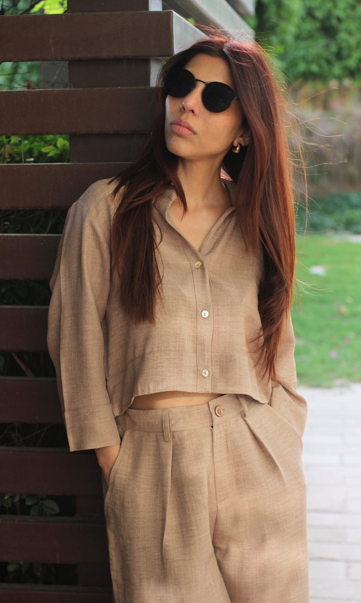 Sand Dune Cropped Shirt with Loose Pants Co-ord
