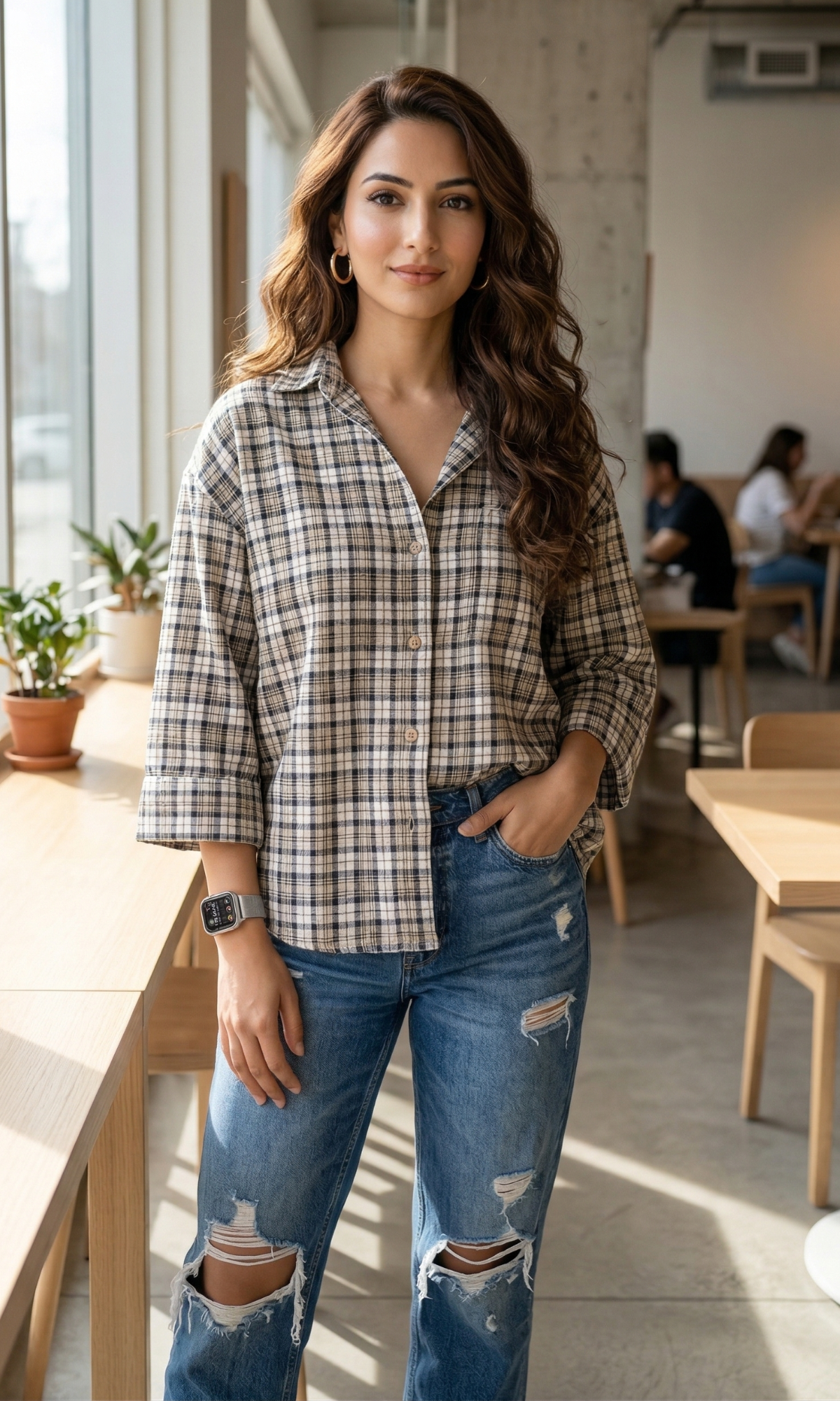 Beige-Black Flared Sleeved Shirt