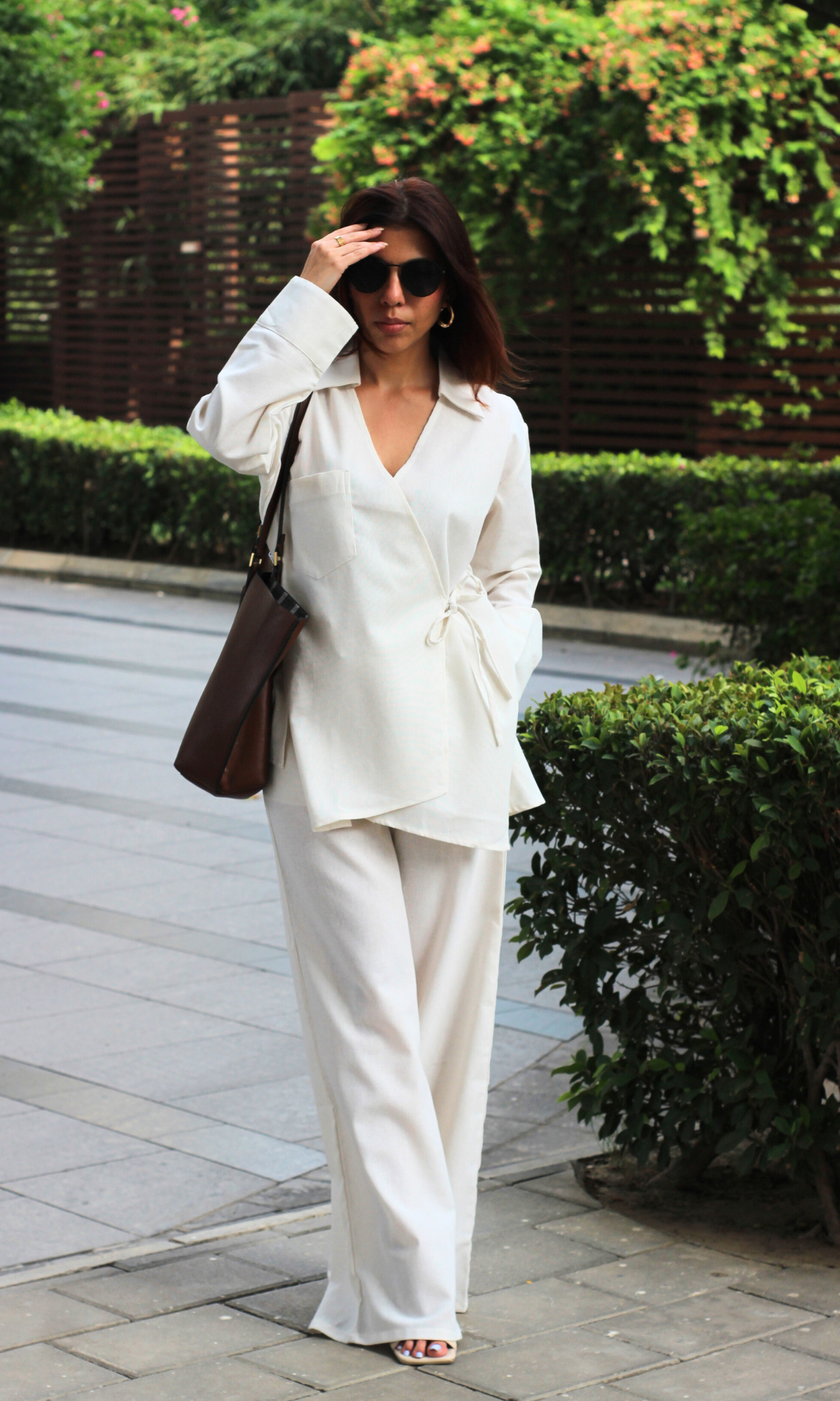 Ivory Linen Cuts Detail Kimono Top with Pants
