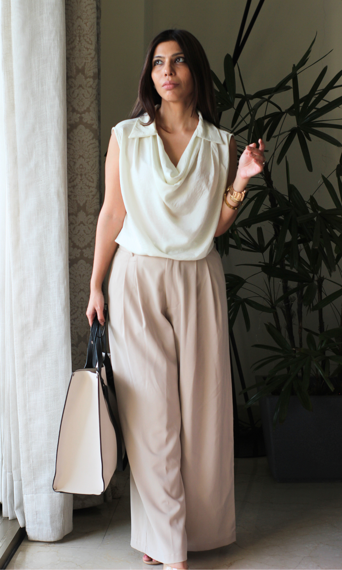 Pearl Mist Collared Cowl Neck Top