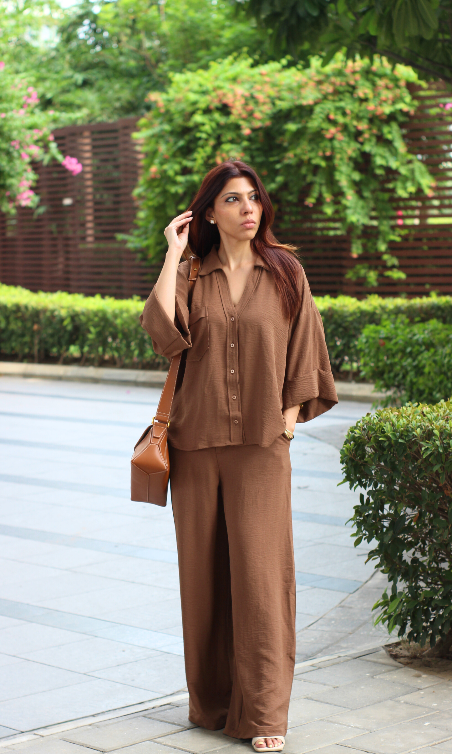 Sophisticated neutral co-ord: Soft Mocha Loose Shirt with chest pockets paired with matching wide-leg pants.
