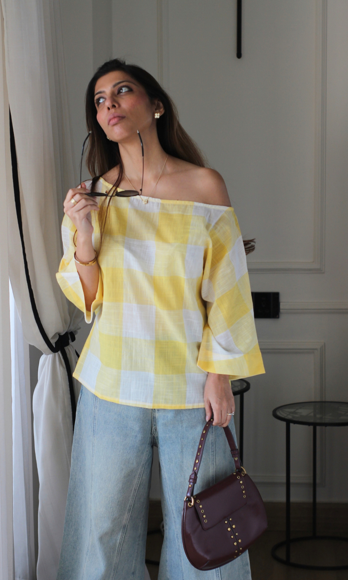 Yellow Gingham Off-Shoulder Top