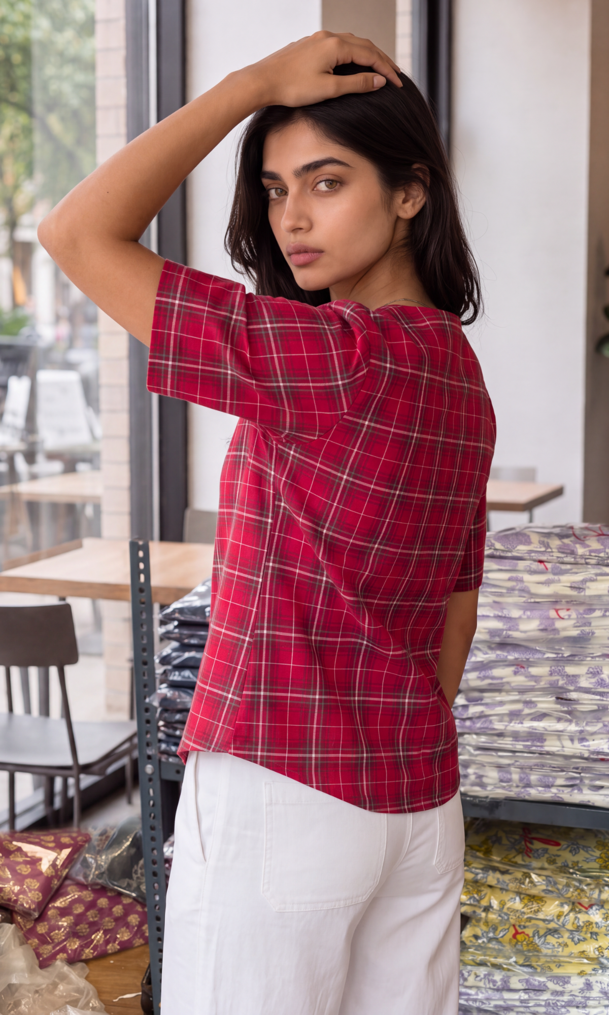 Wine Check Sleeved Cotton Waistcoat