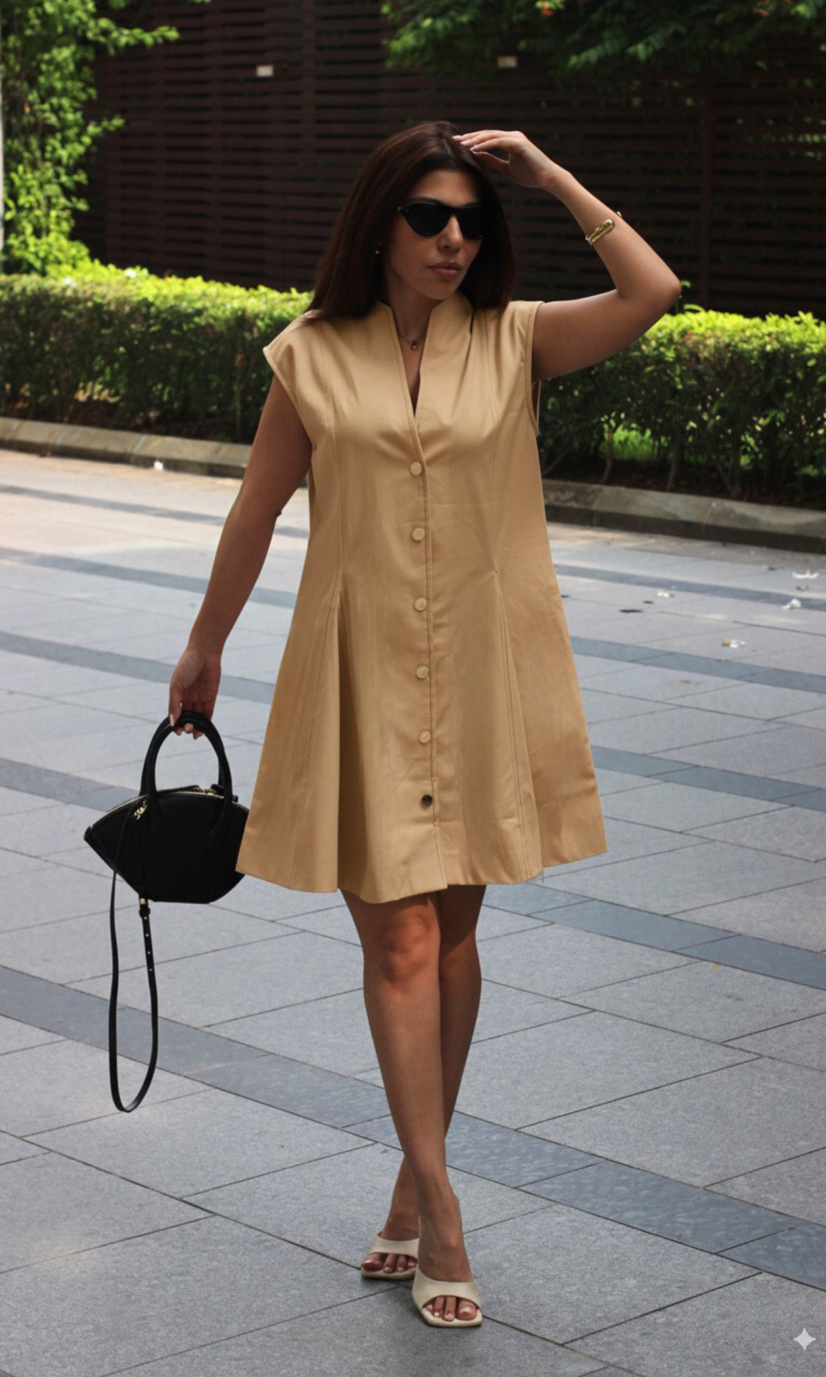 Tan Thread Detail Metallic Buttoned Dress