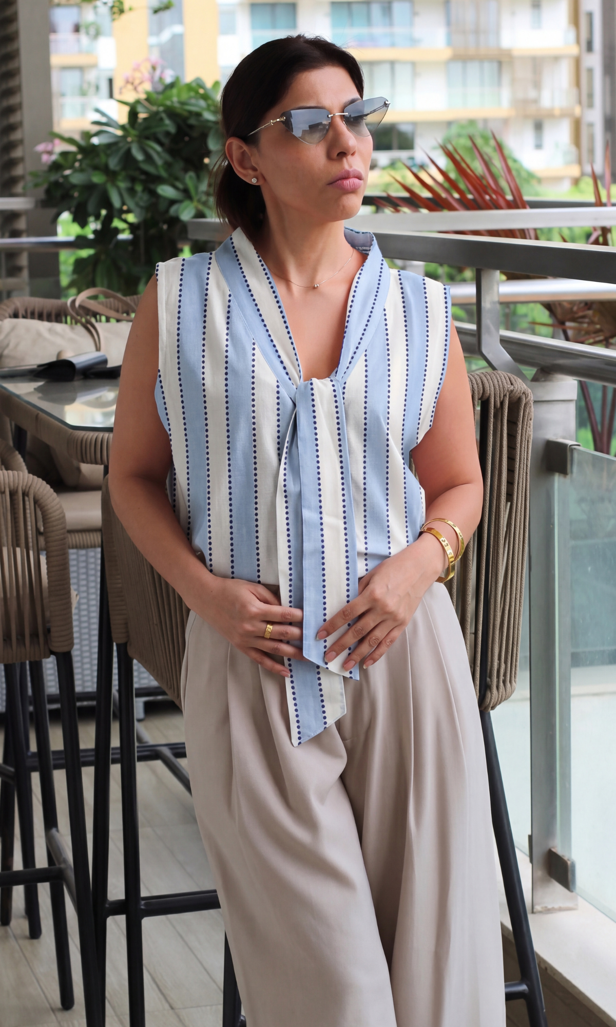 Powder Blue Dot-Stripe Tie Detail Top