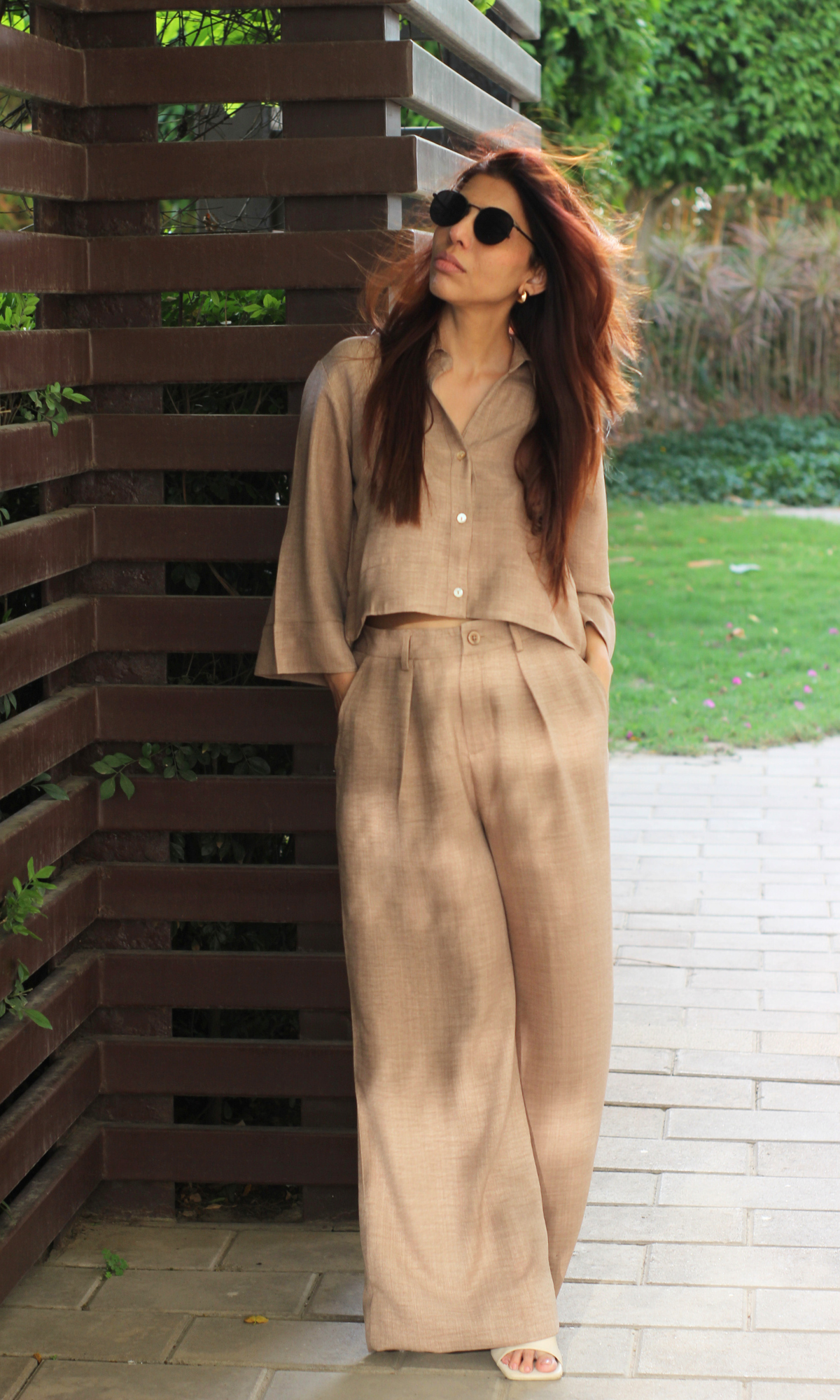 Sand Dune Cropped Shirt with Loose Pants Co-ord