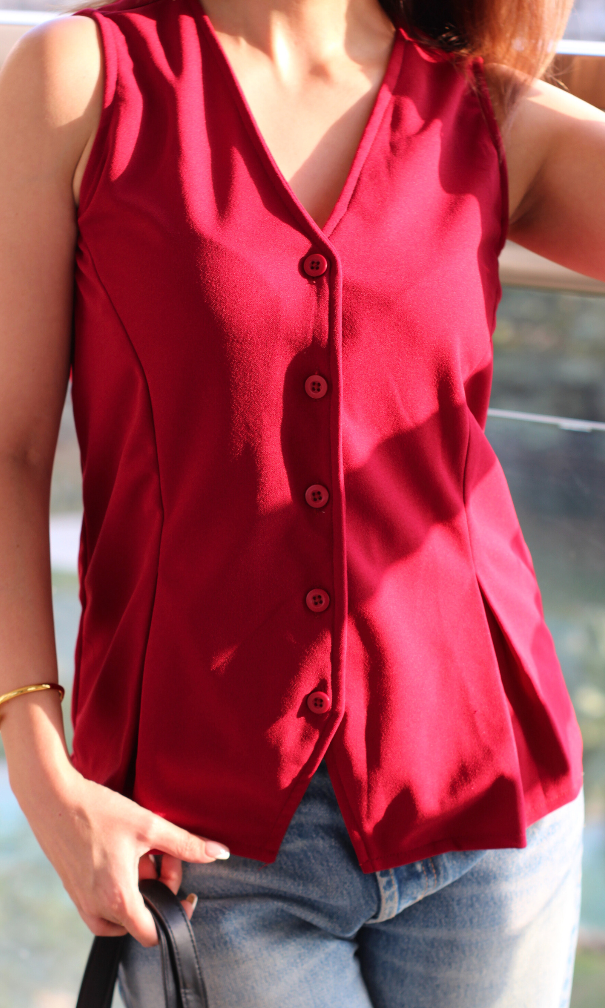 Maroon Buttoned Detail Waist Coat