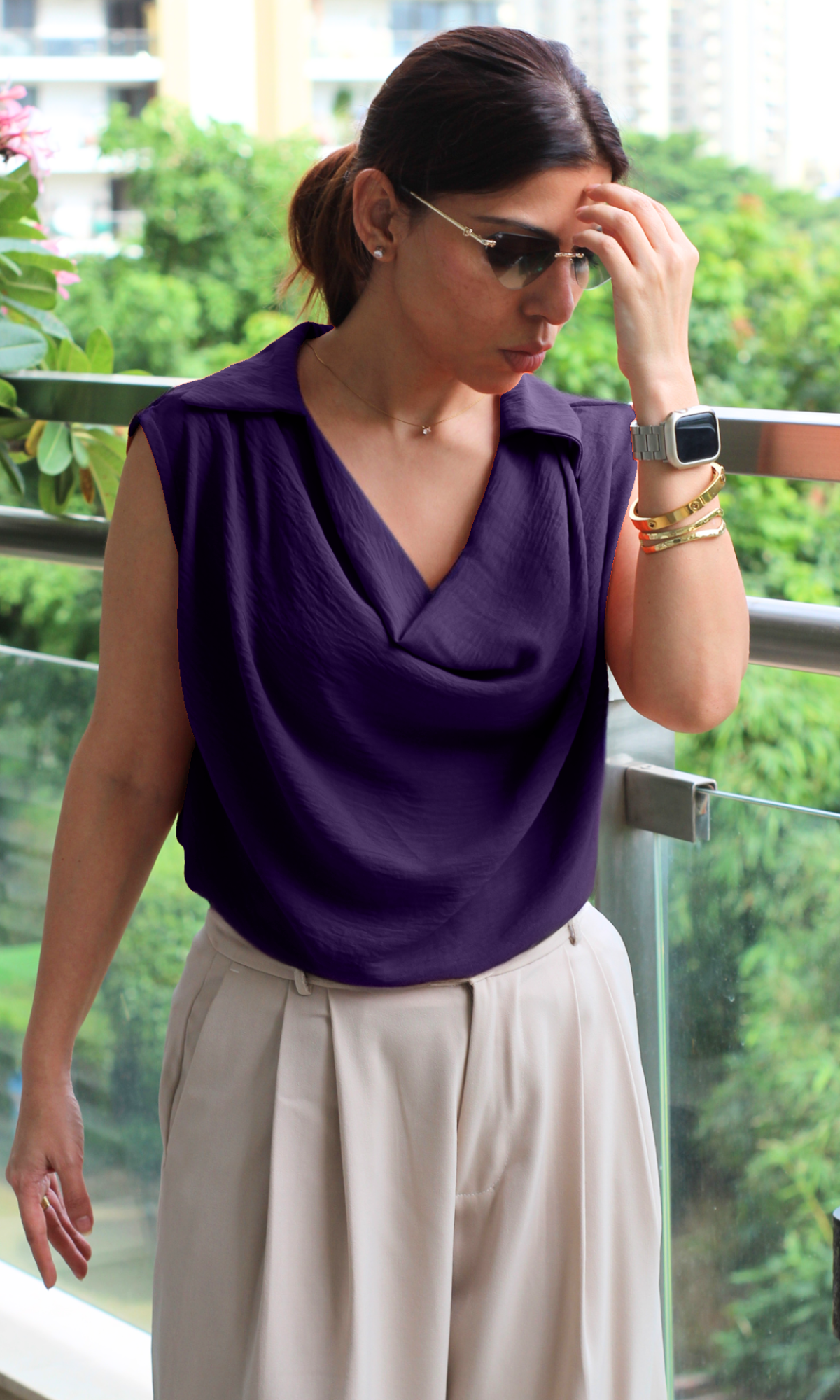 Woman wearing the Wineberry Collared Cowl Neck Top with soft draping and a structured collar, paired with tailored pants