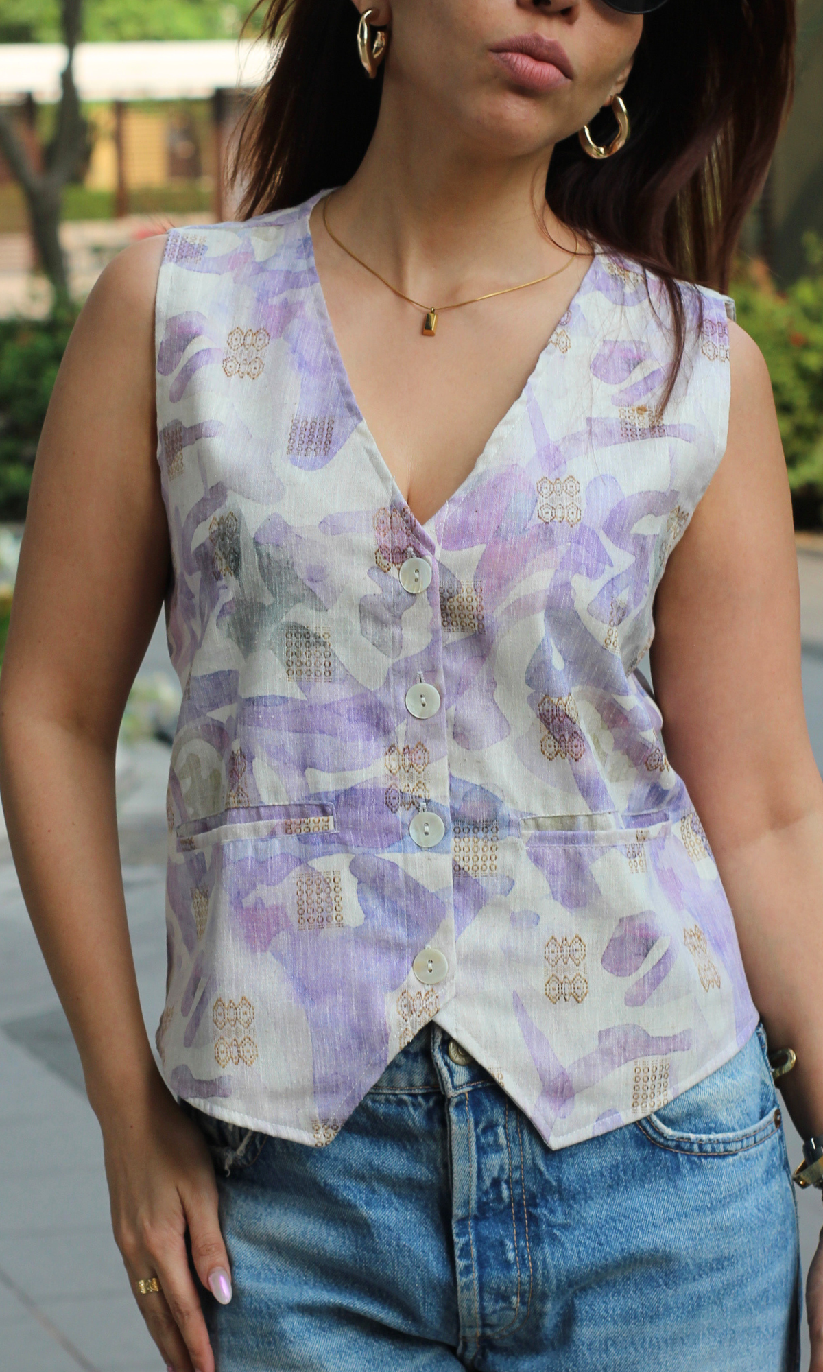 Thistle Purple Abstract Print Waist Coat