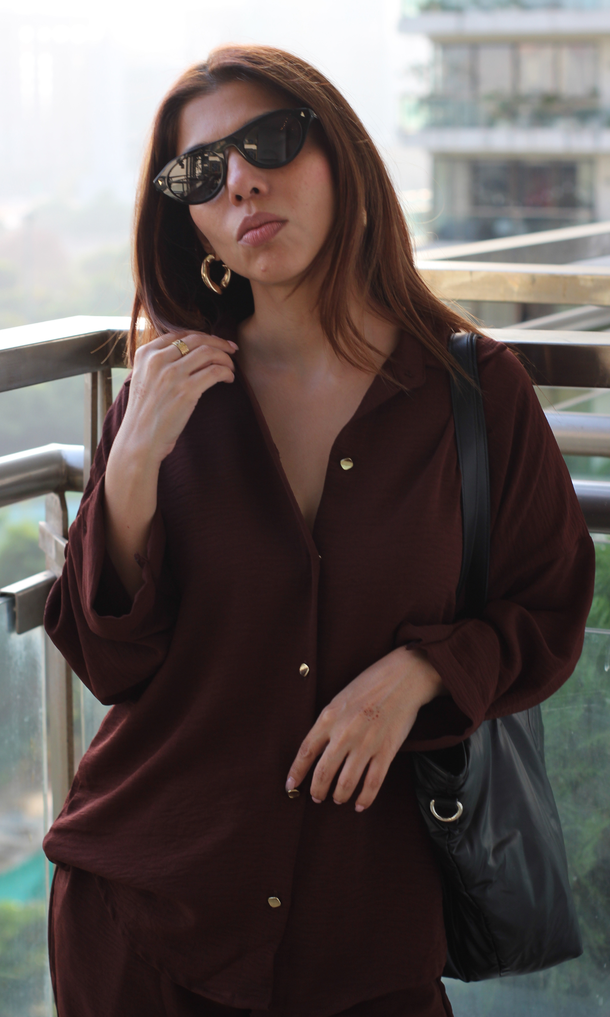 Chocolate Metallic Buttoned Shirt and Pants Co-ord
