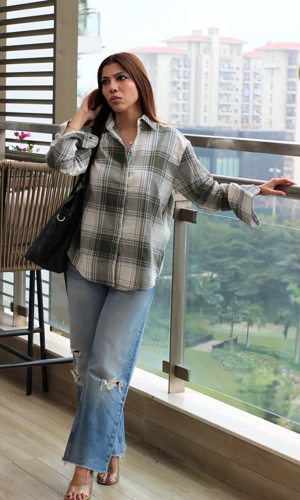 Olive and ivory checked cotton shirt featuring a relaxed silhouette, classic collar, and front button closure — a timeless staple for effortless everyday style.