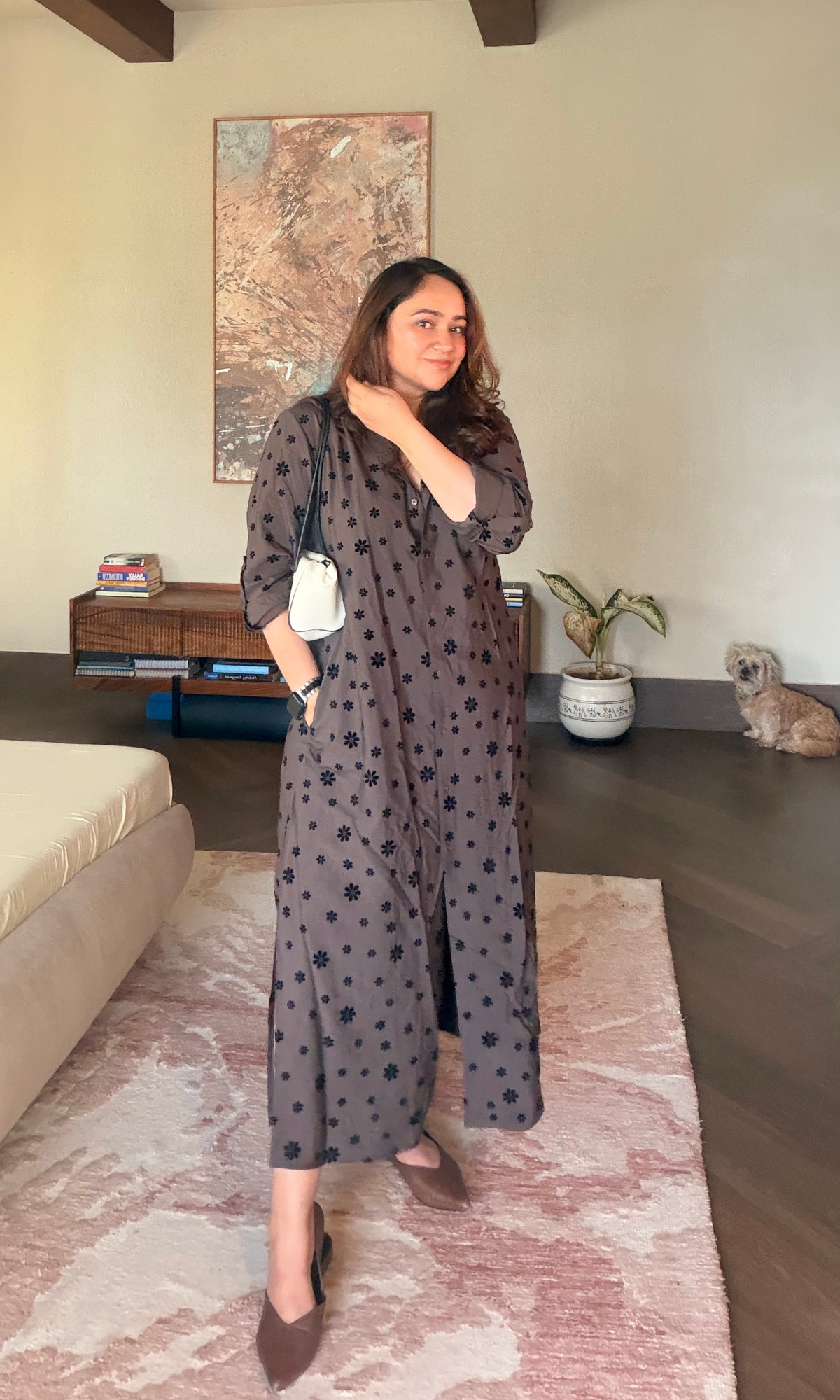 Mocha Floral Weave Shirt Dress