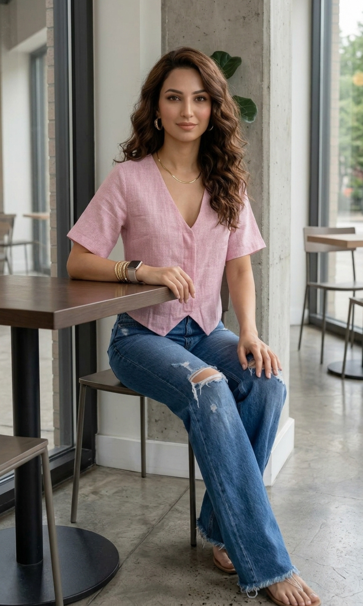 Soft Pink Weave Sleeved Cotton Waistcoat