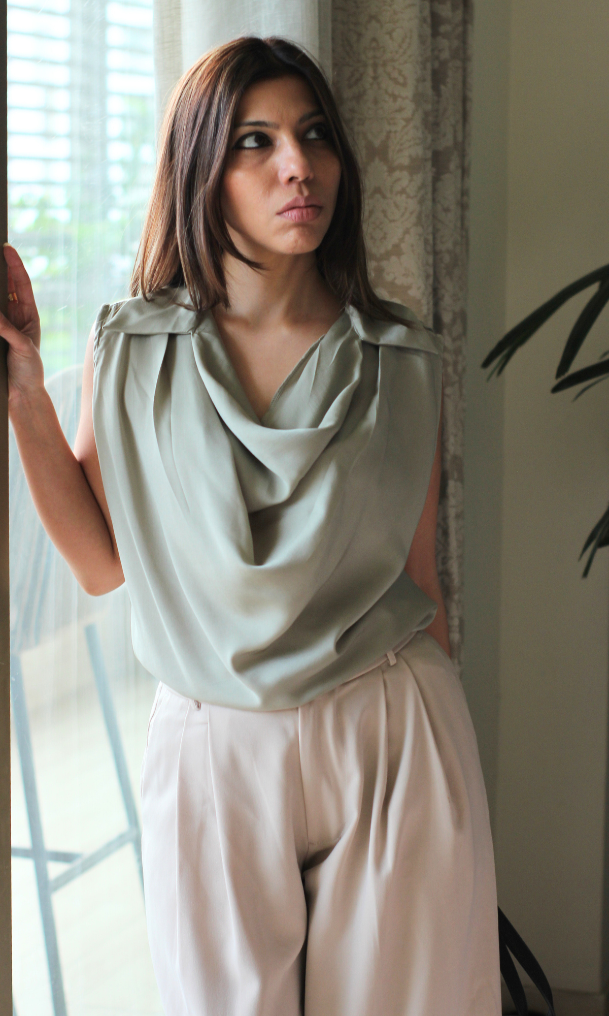 Silver Sage Collared Cowl Neck Top