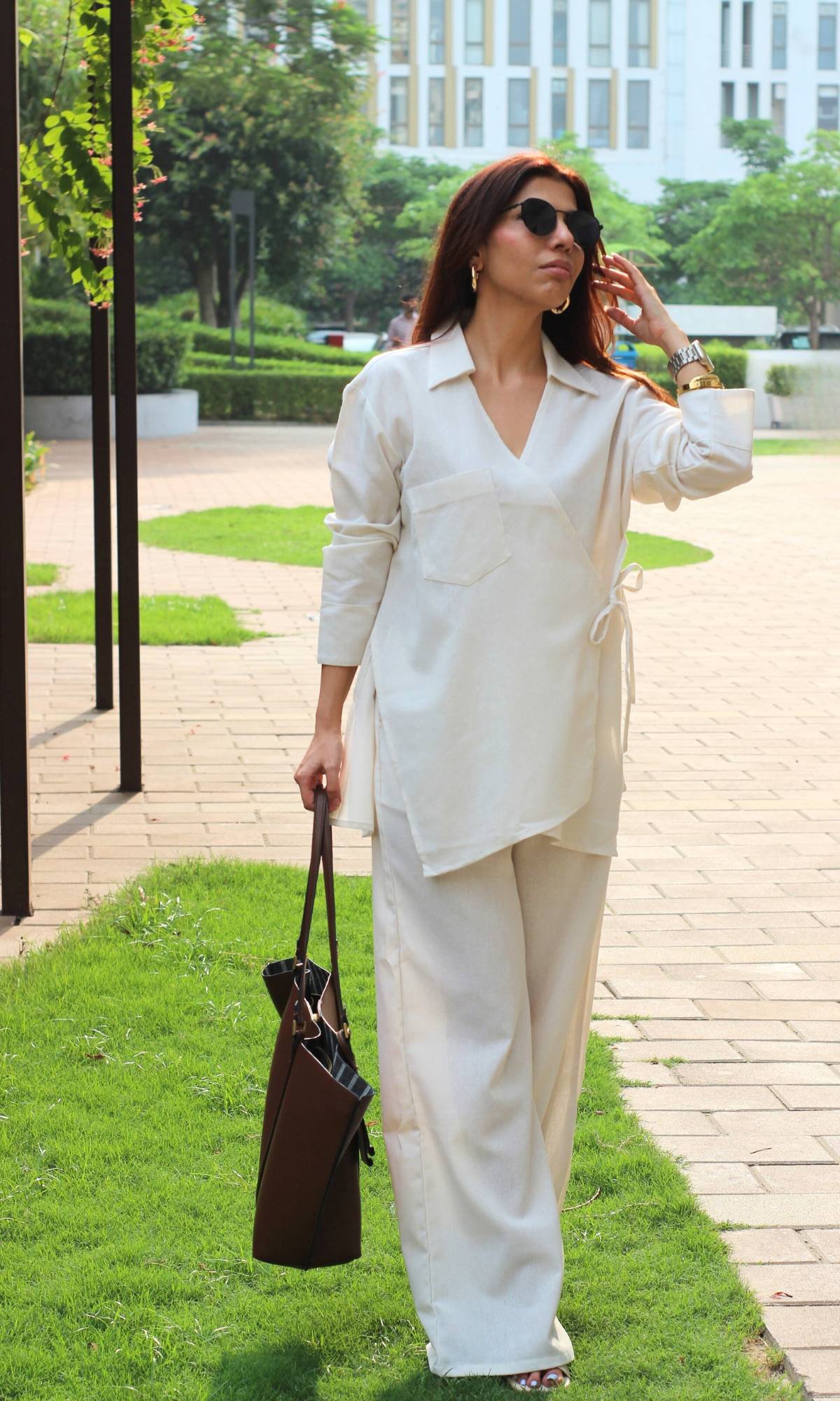 Ivory Linen Cuts Detail Kimono Top with Pants