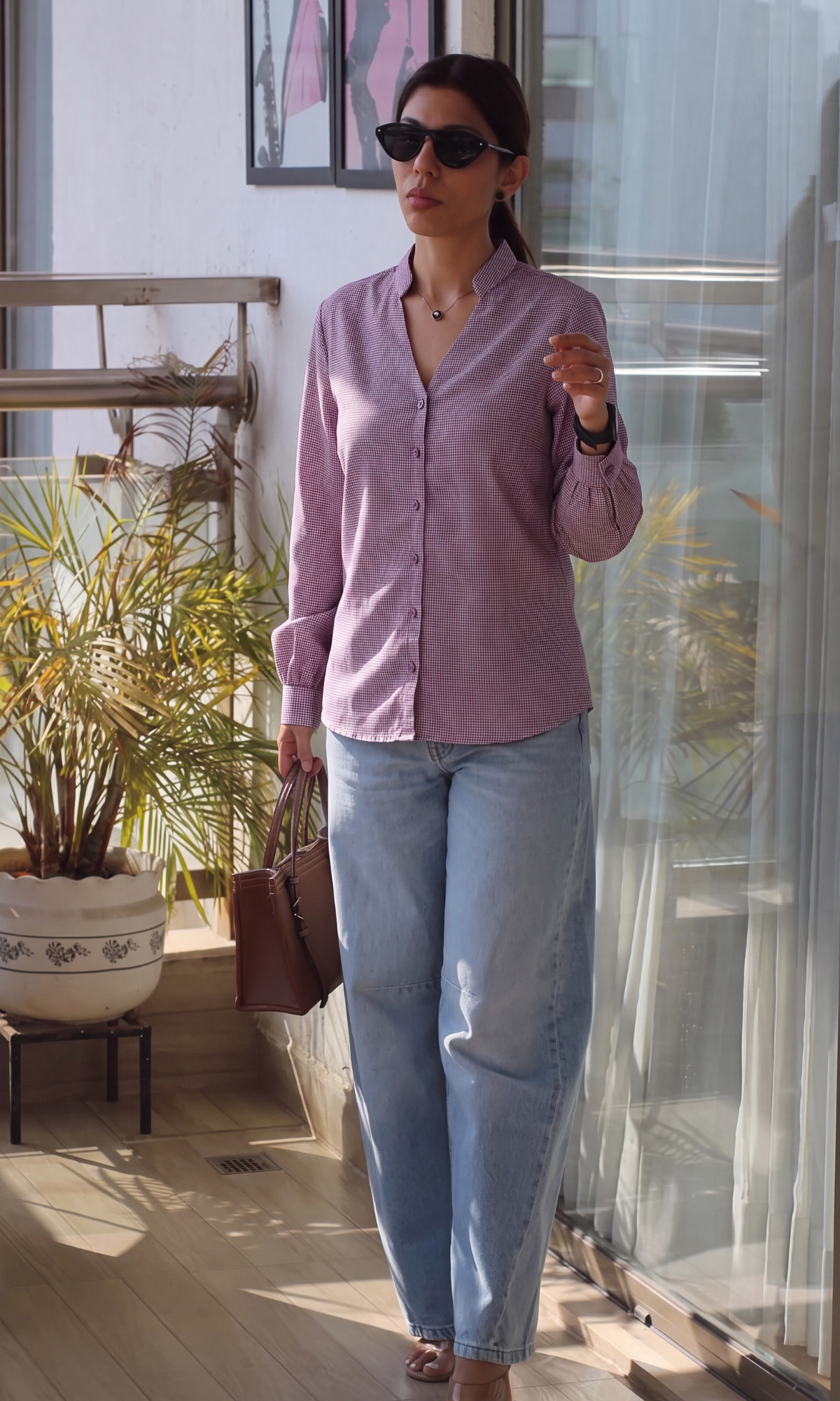 Wine Houndstooth Button-Front Top