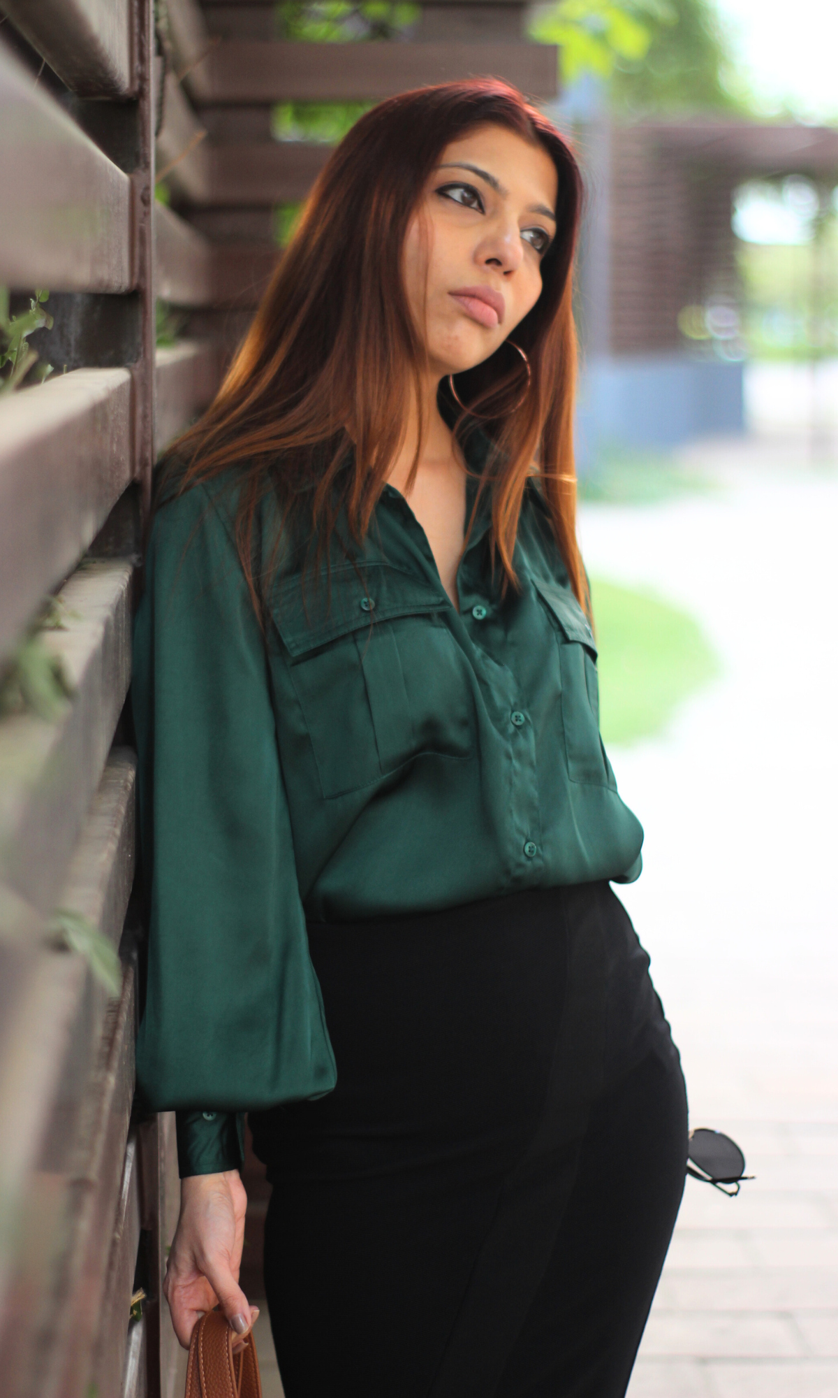 Deep Green Balloon Sleeved Satin Shirt