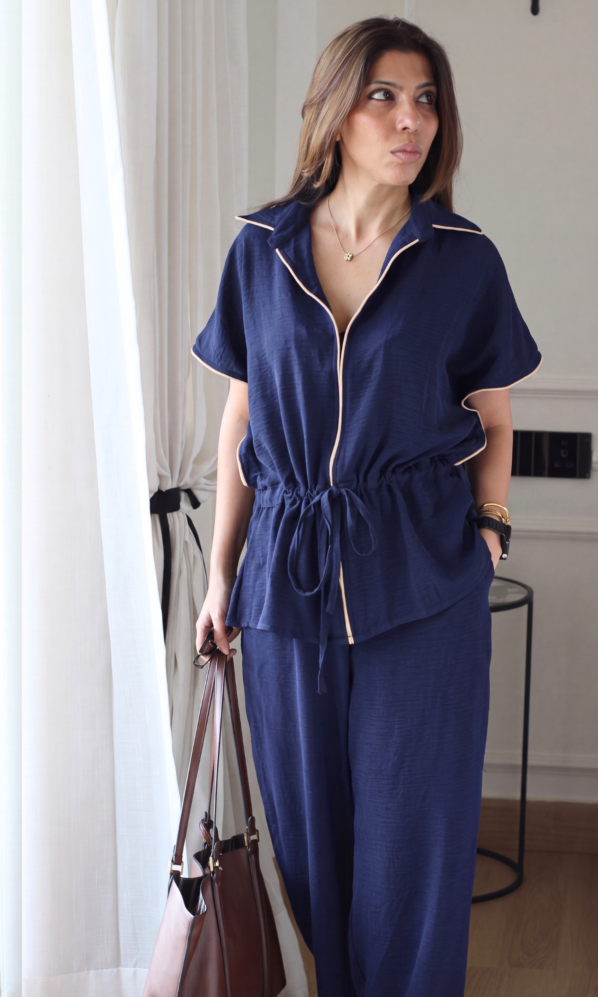 Navy Contrast-Piped Tie-Waist Shirt Co-ord