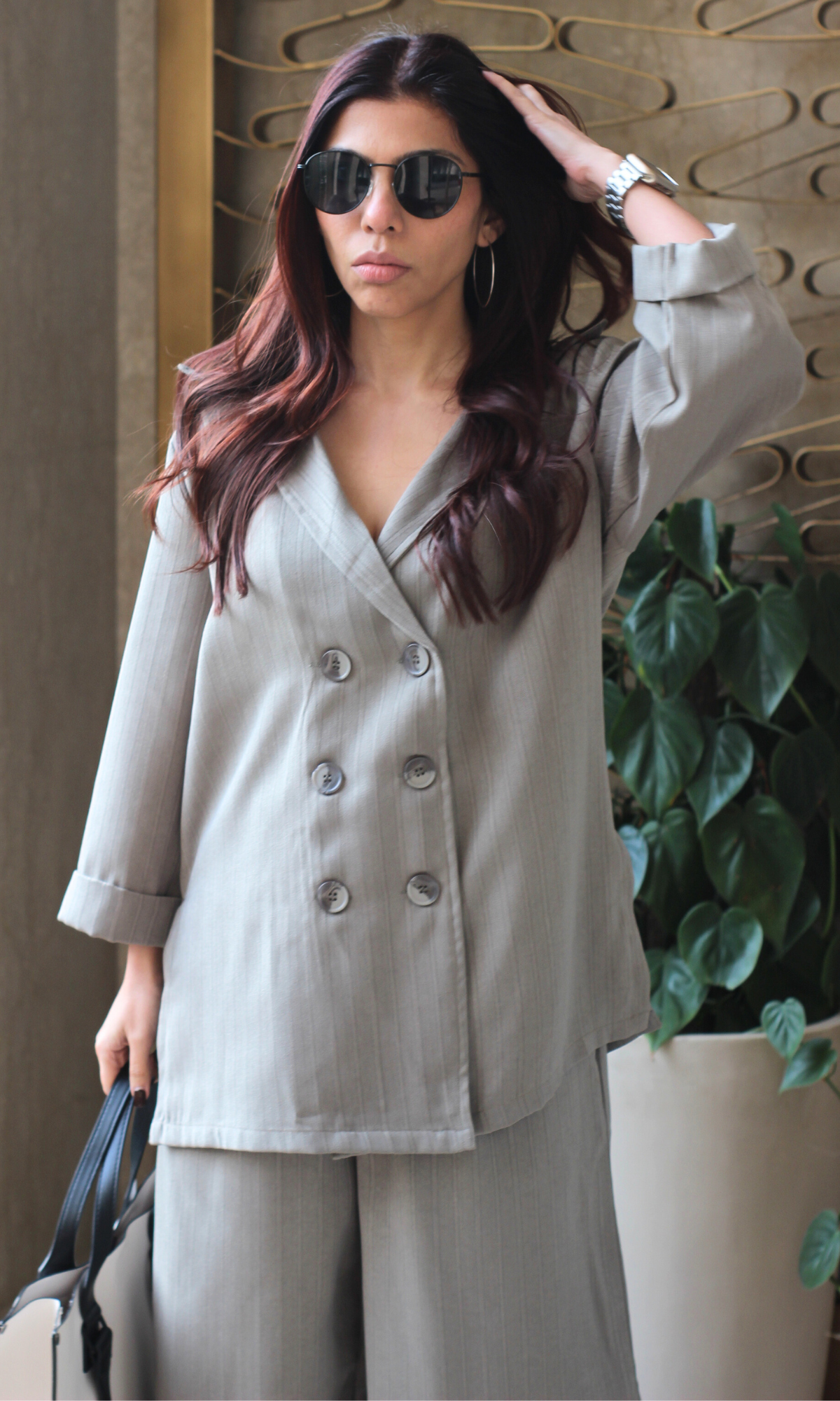 Light Olive Striped Blazer Top with Slit Pants Co-ord
