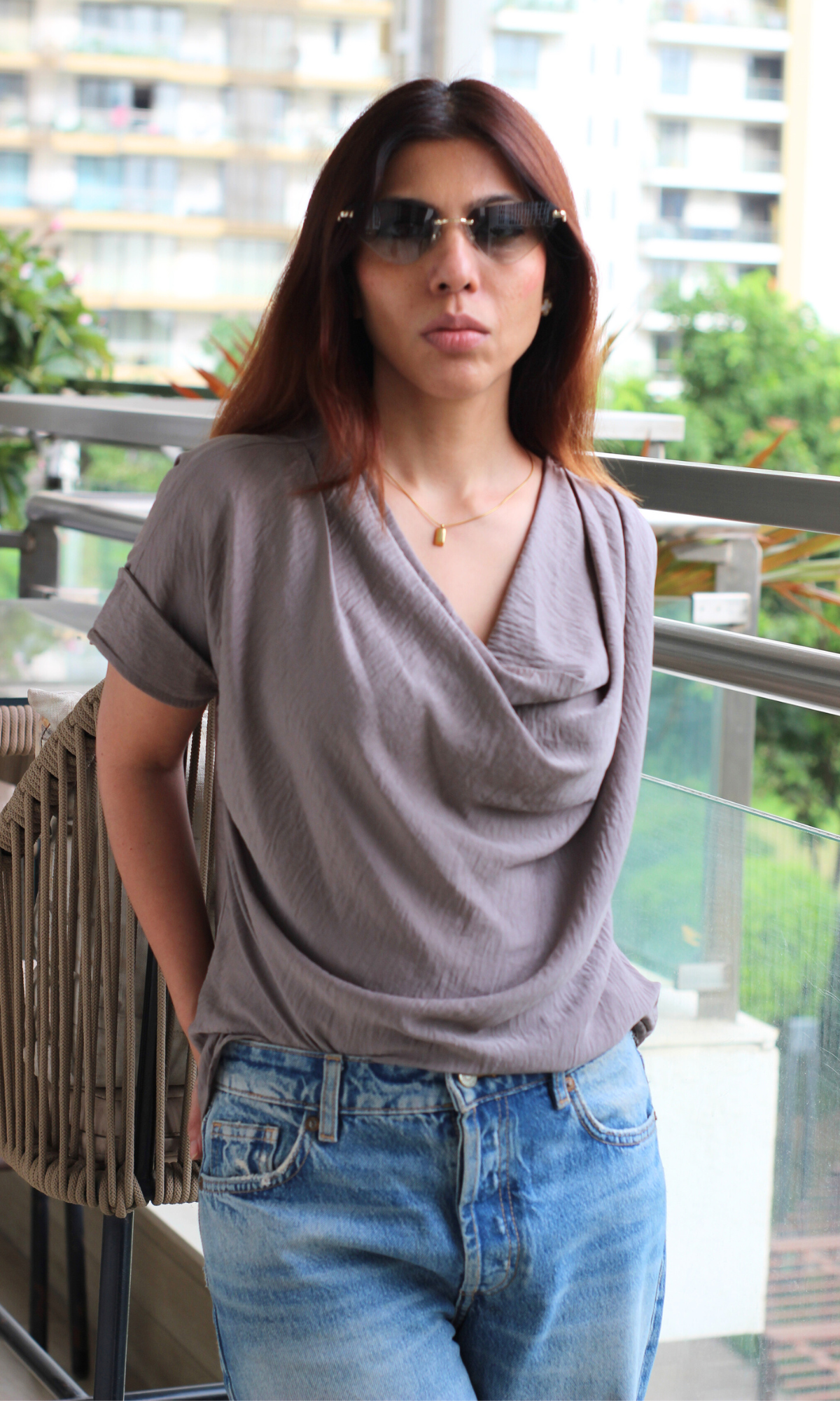 Stone Taupe Cowl Neck Top