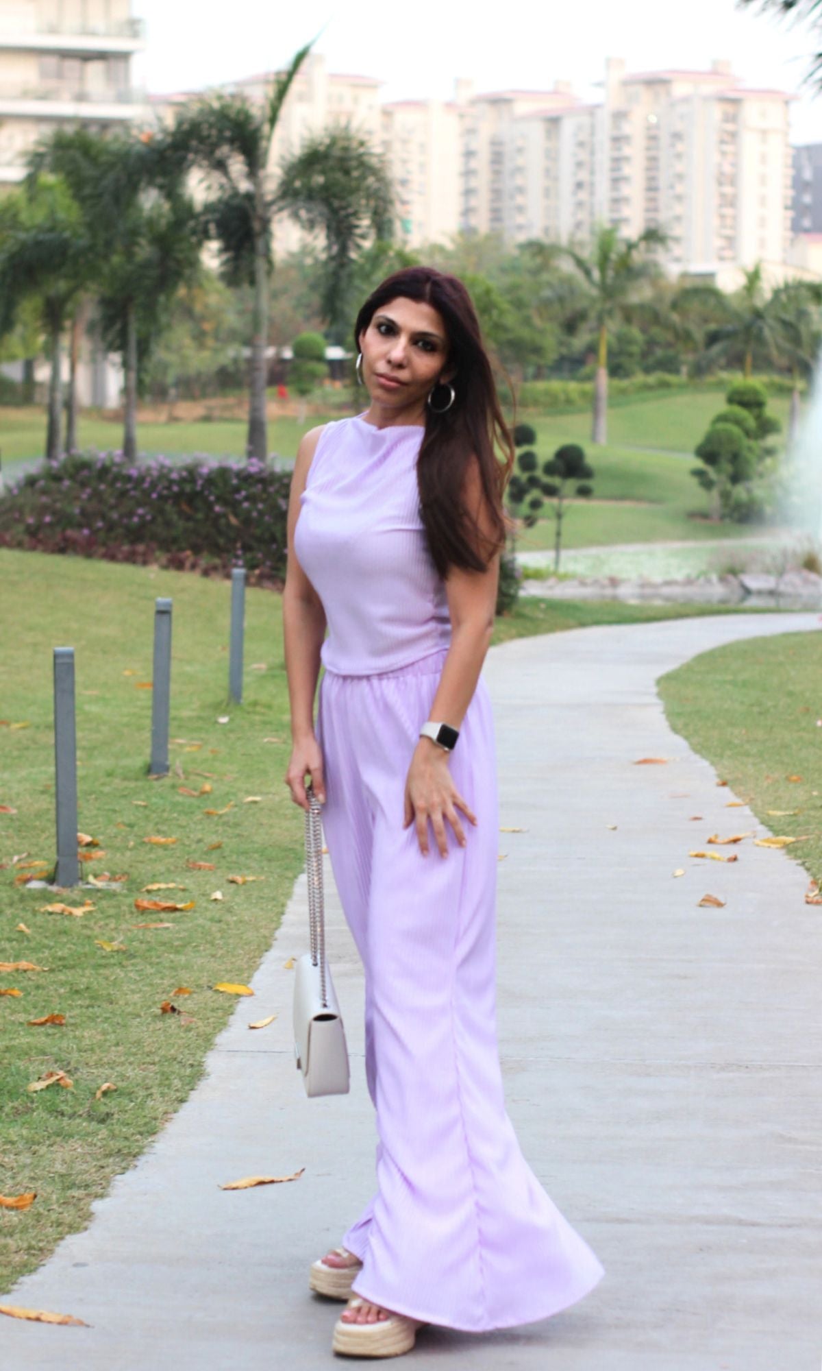 Light Purple Abstract Neck Top with Flared Pants