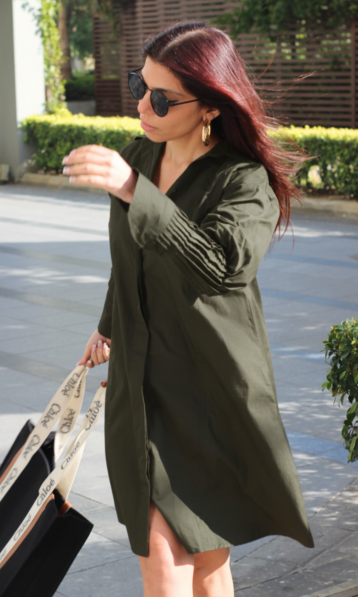 Pleated Detailed Dark Olive Poplin Dress
