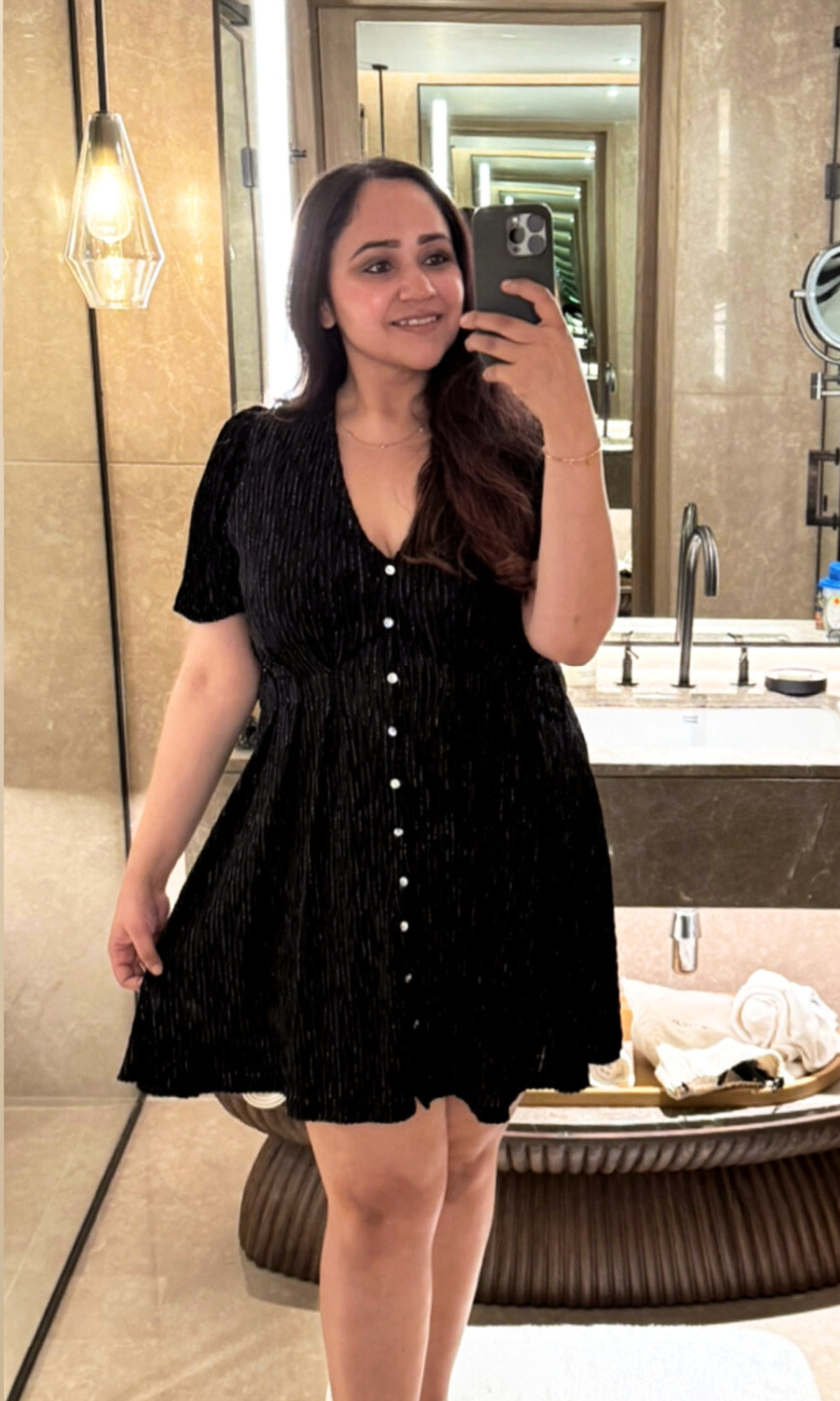 Black Rhinestone Buttoned Dress