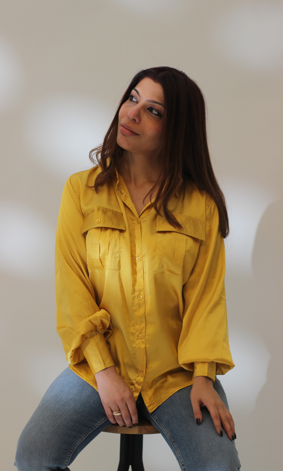 Deep Yellow Balloon Sleeved Satin Shirt