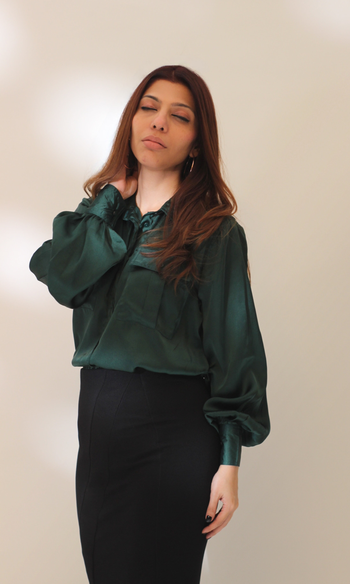 Deep Green Balloon Sleeved Satin Shirt