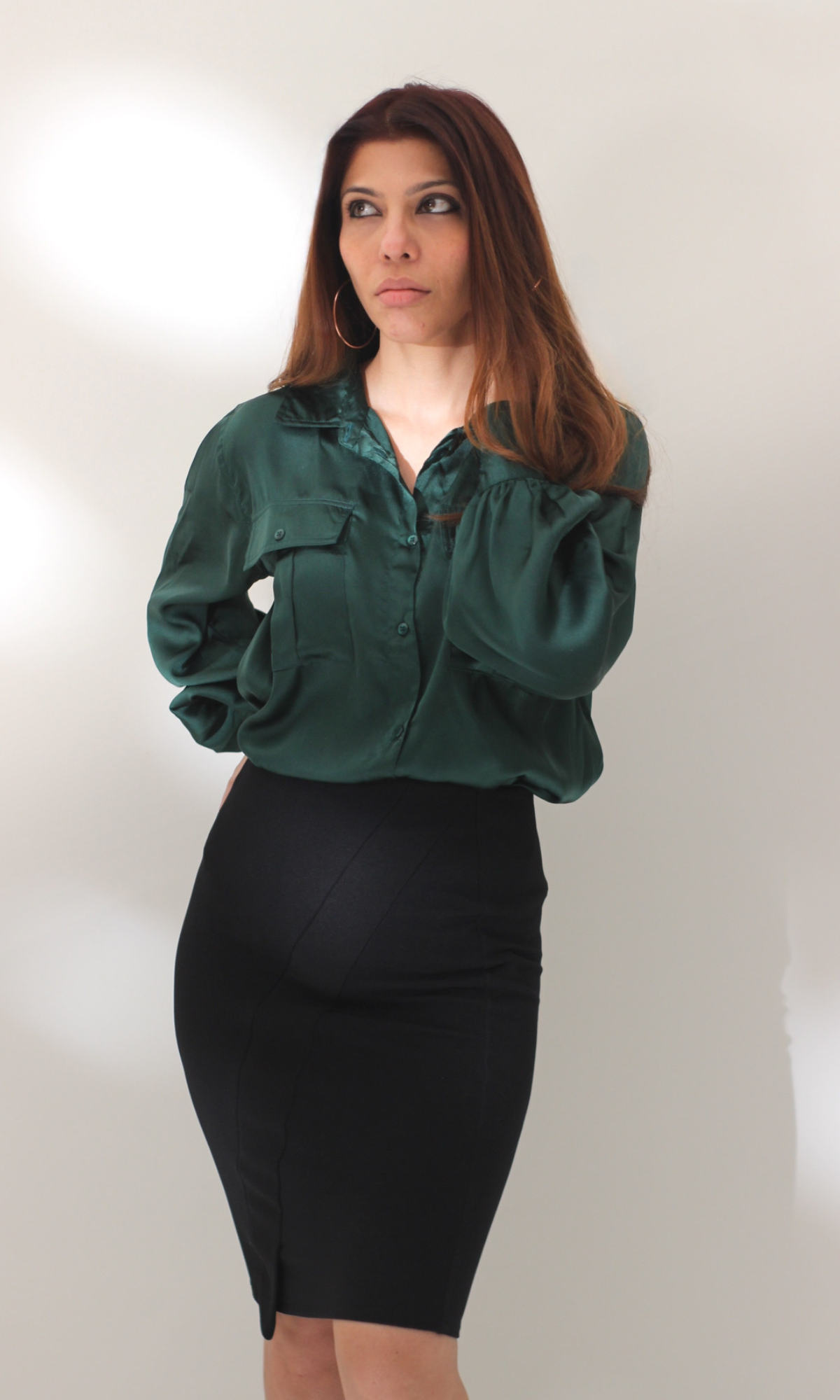 Deep Green Balloon Sleeved Satin Shirt