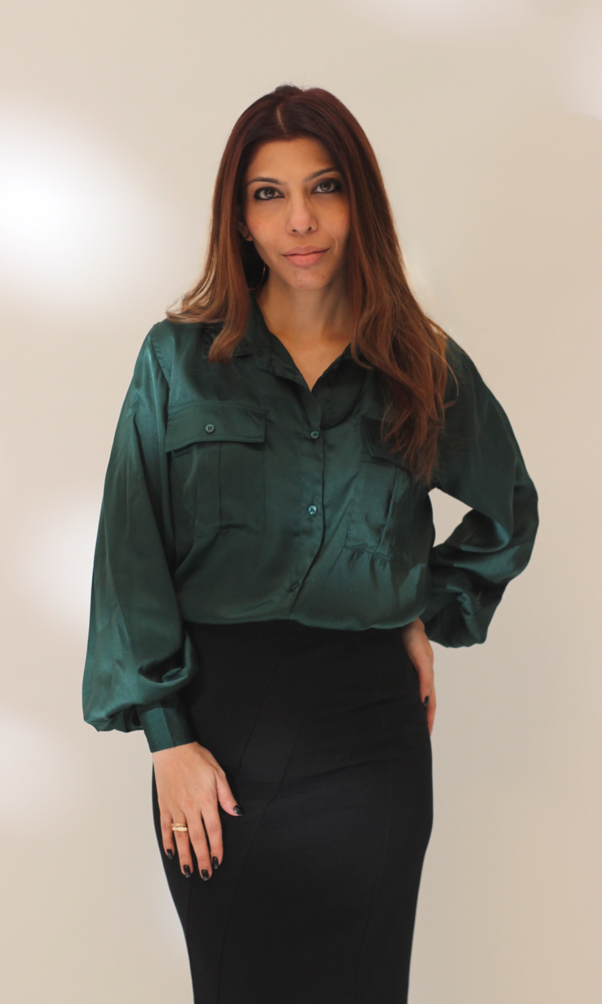 Deep Green Balloon Sleeved Satin Shirt