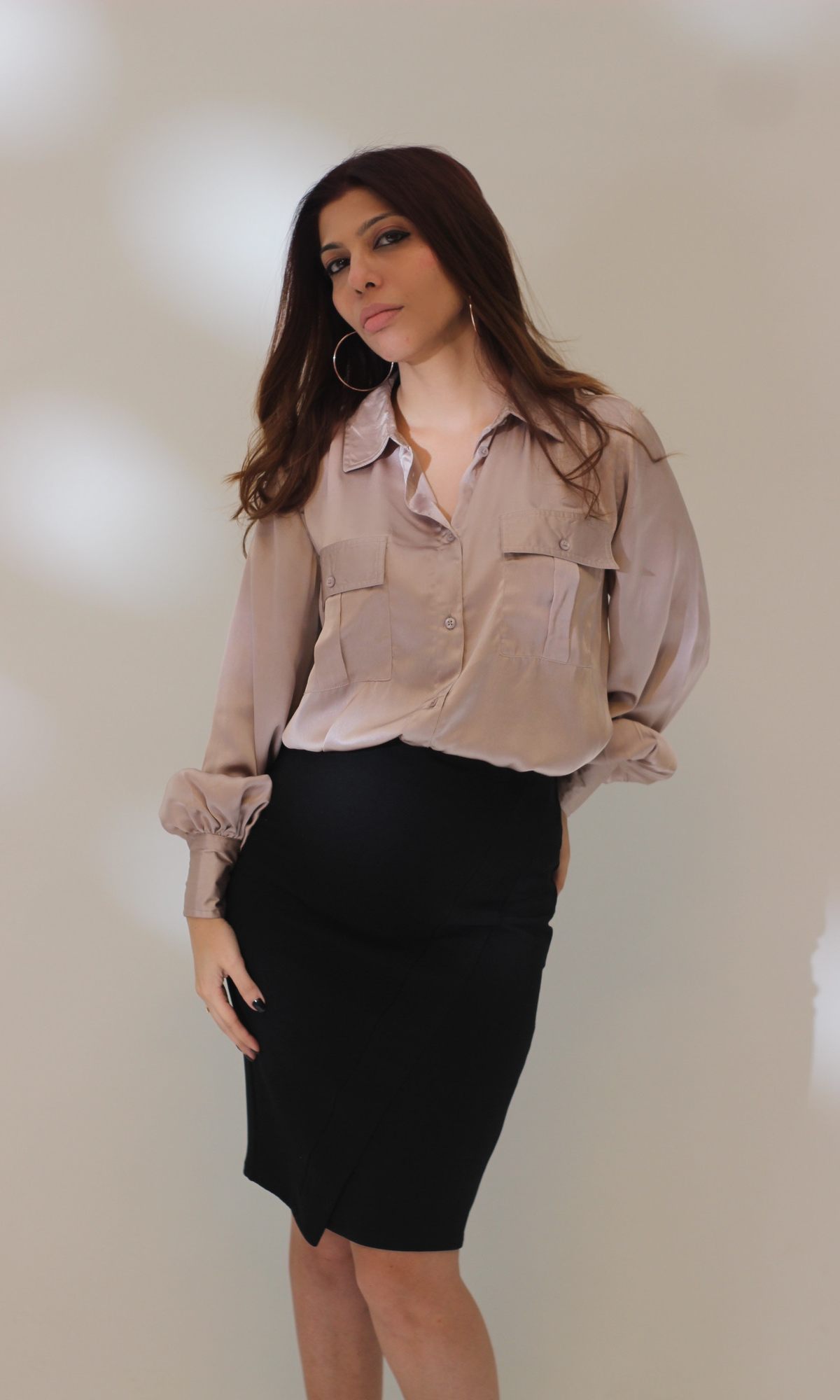 Greyish Mauve Balloon Sleeved Satin Shirt