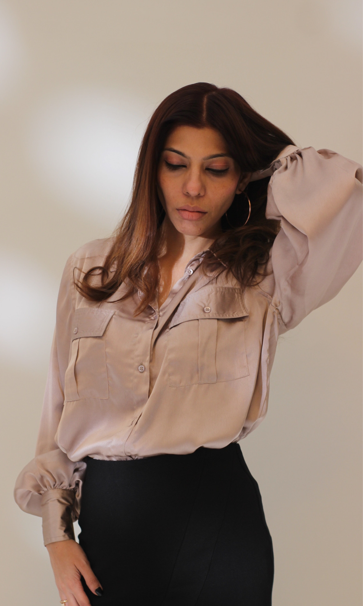 Greyish Mauve Balloon Sleeved Satin Shirt