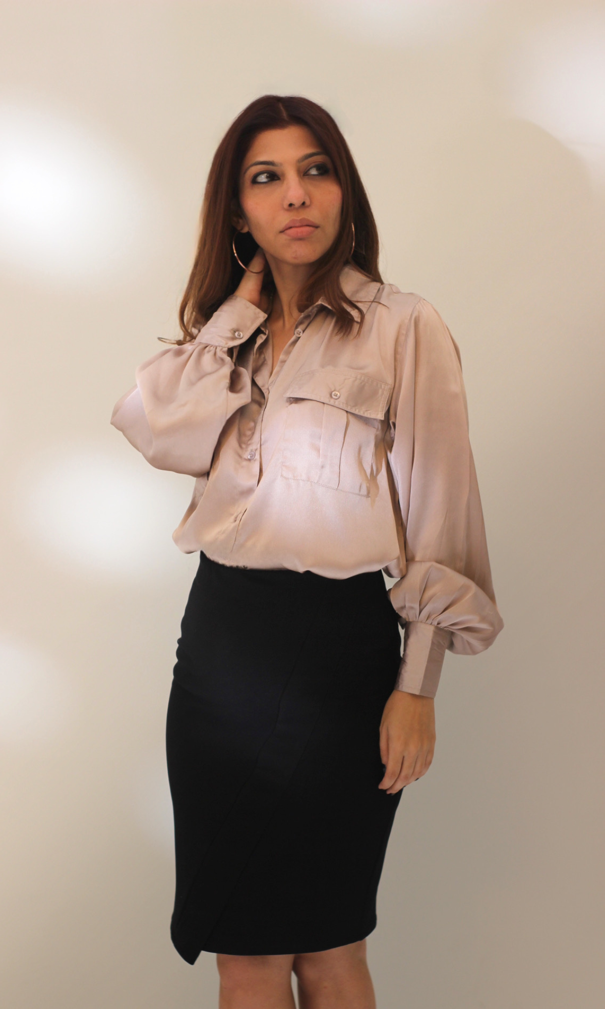 Greyish Mauve Balloon Sleeved Satin Shirt