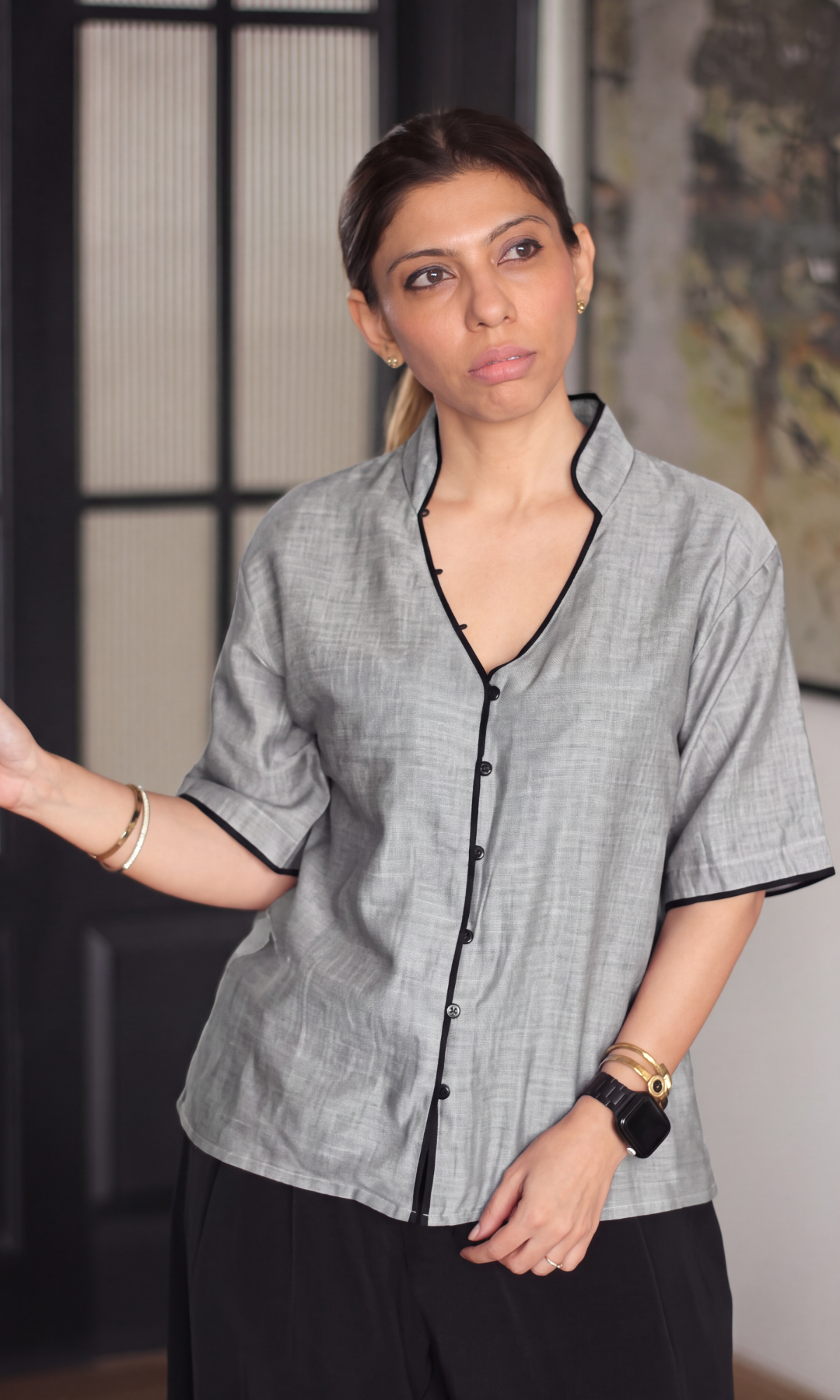 Vanilla Cream Contrast Piped Shirt