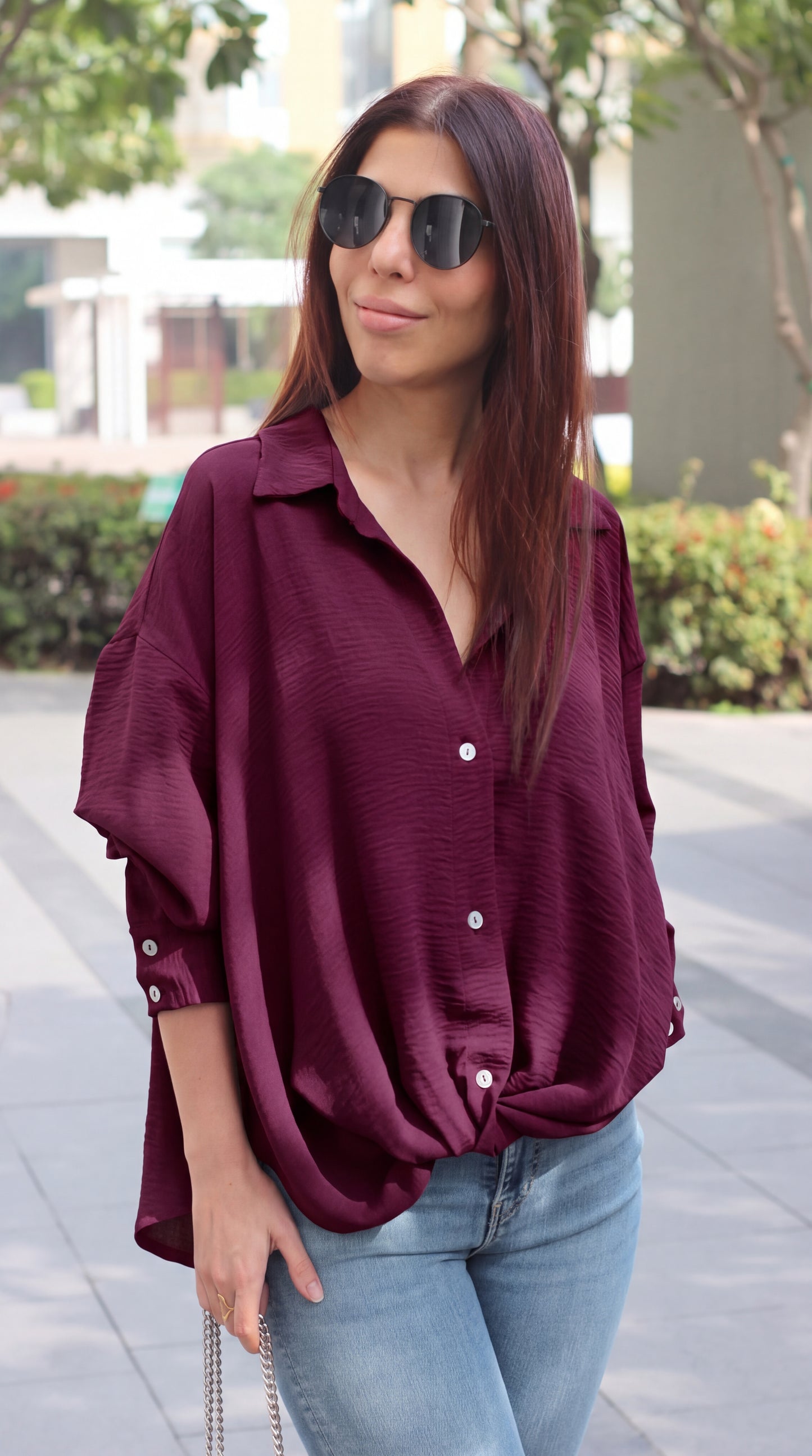 Wine Knot-Detail Flowing Shirt