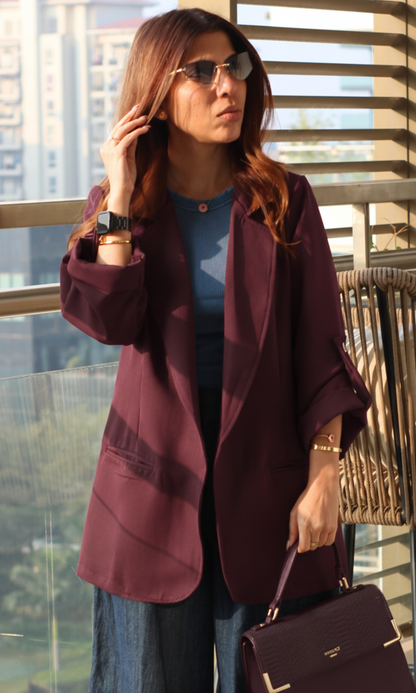 Wine Rolled-Up Sleeve Blazer Jacket