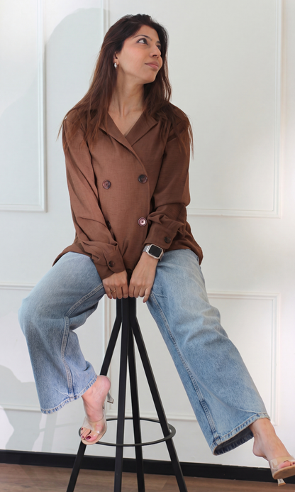 Mocha Crinkle Double-Breasted Jacket