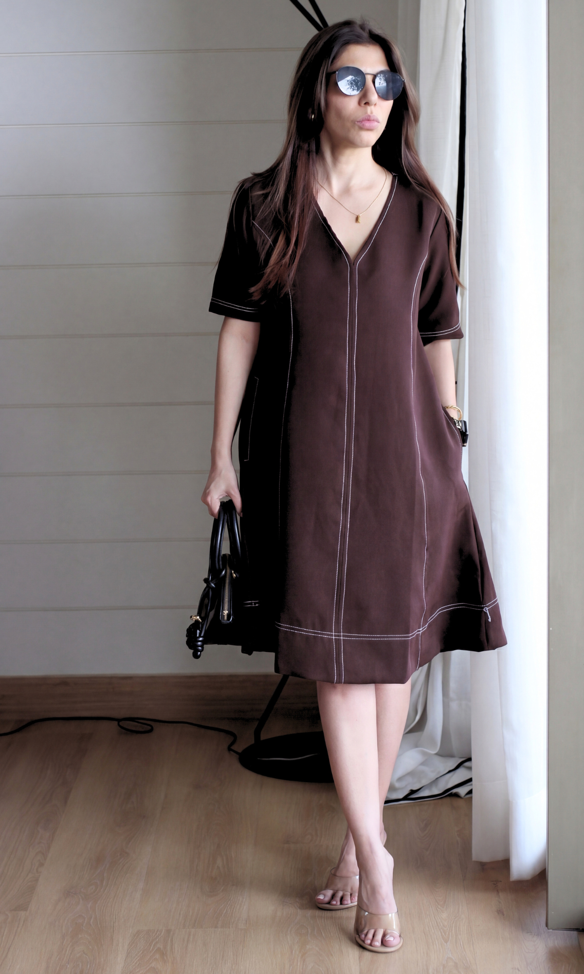 Dark Brown Contrast Stitch Dress