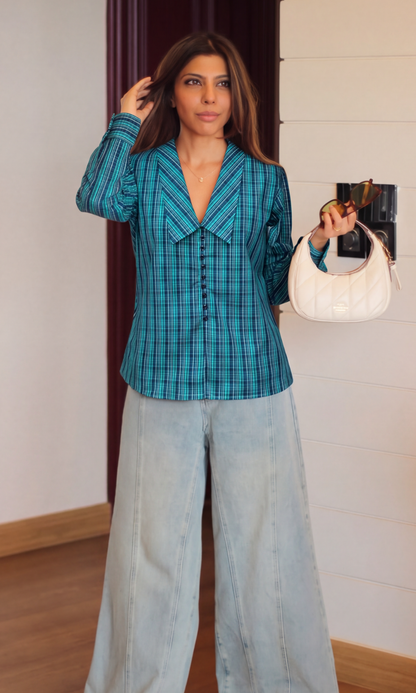 Teal Tartan Oversized Collar Shirt