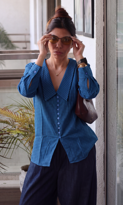 Cobalt Blue Check Oversized Collar Shirt