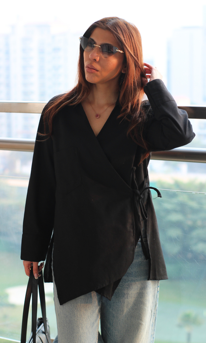 Women's black linen kimono-style top featuring cut detail design