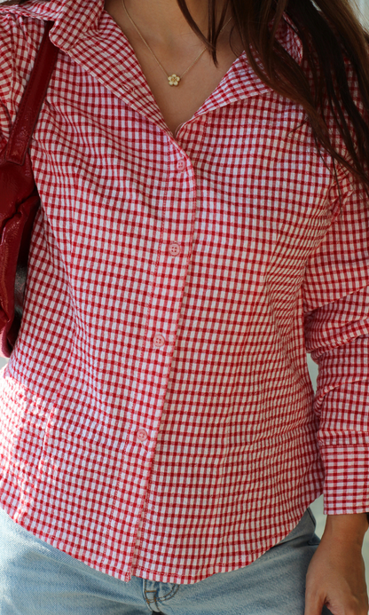 Red Gingham-Check Peplum Shirt